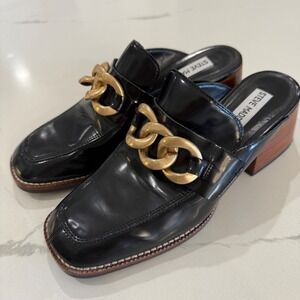 Steve Madden Lorie Black Loafer Mules Gold Chain Link Block Heel 8.5M Shoes y2k